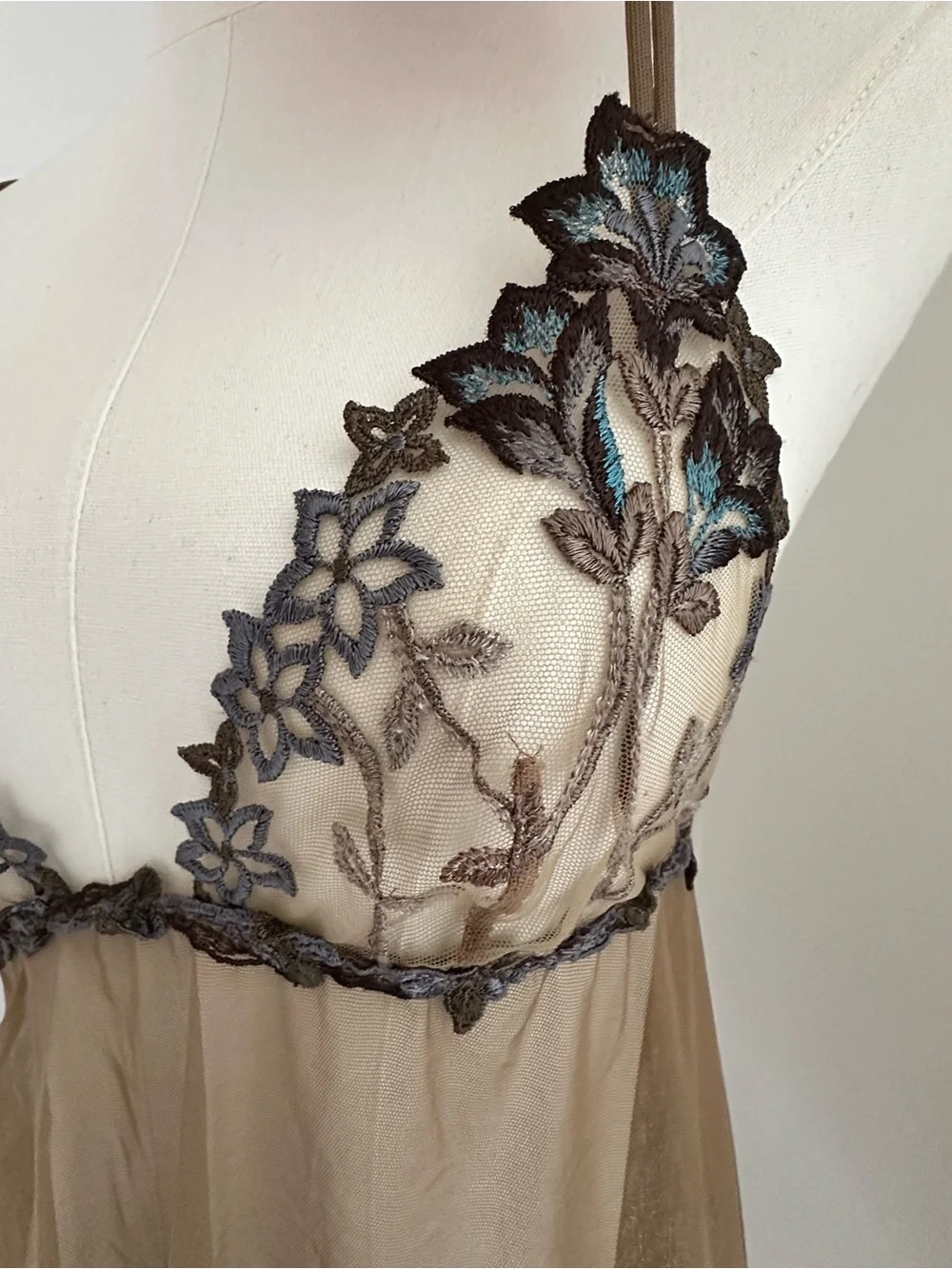 La Perla Taupe Sheer Mesh Embroidered top Chemise